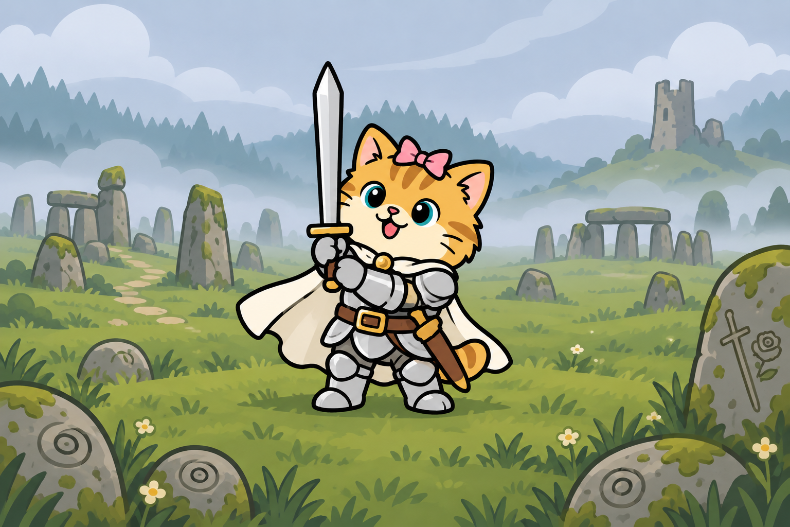 Bundle Cat in silver armor in a misty standing-stone field